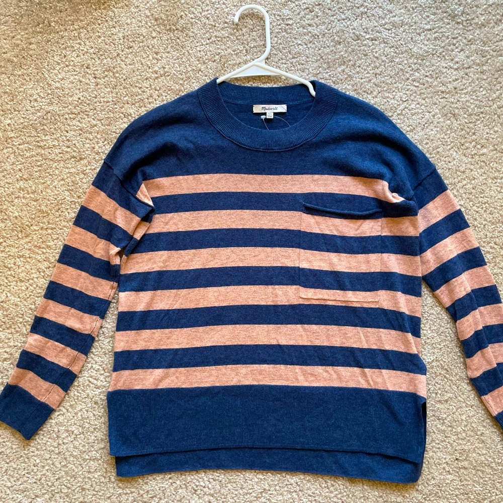 NWOT Madewell Thompson crew neck striped sweater blue brown with pocket …